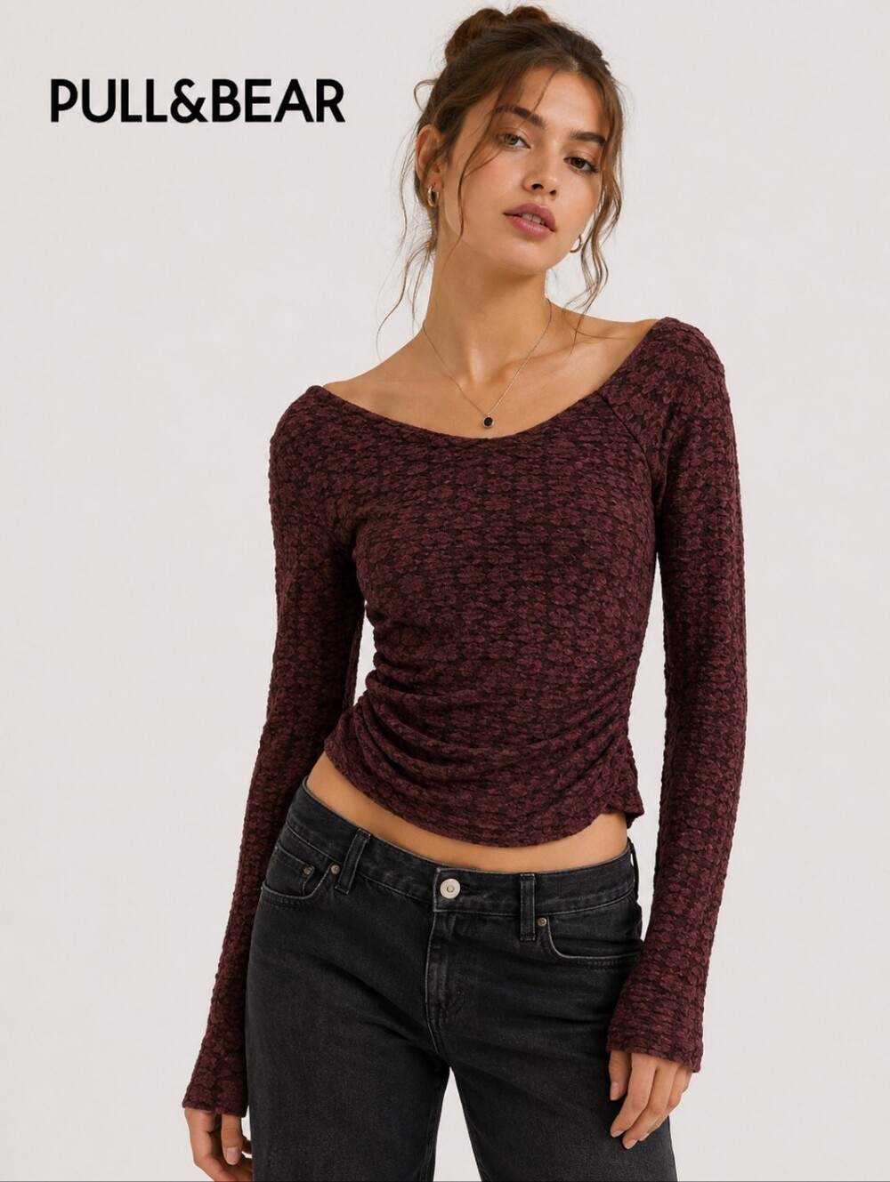 Pull&Bear Womens Top Burgundy Lace Off-Shoulder Asymetric Size Small